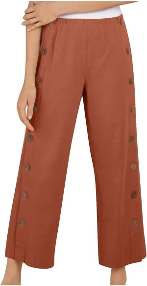 Womens Casual Straight Pants Loose Elastic Waist Capris Pant Summer Buttons Print Slacks Joggers Trousers with Pockets