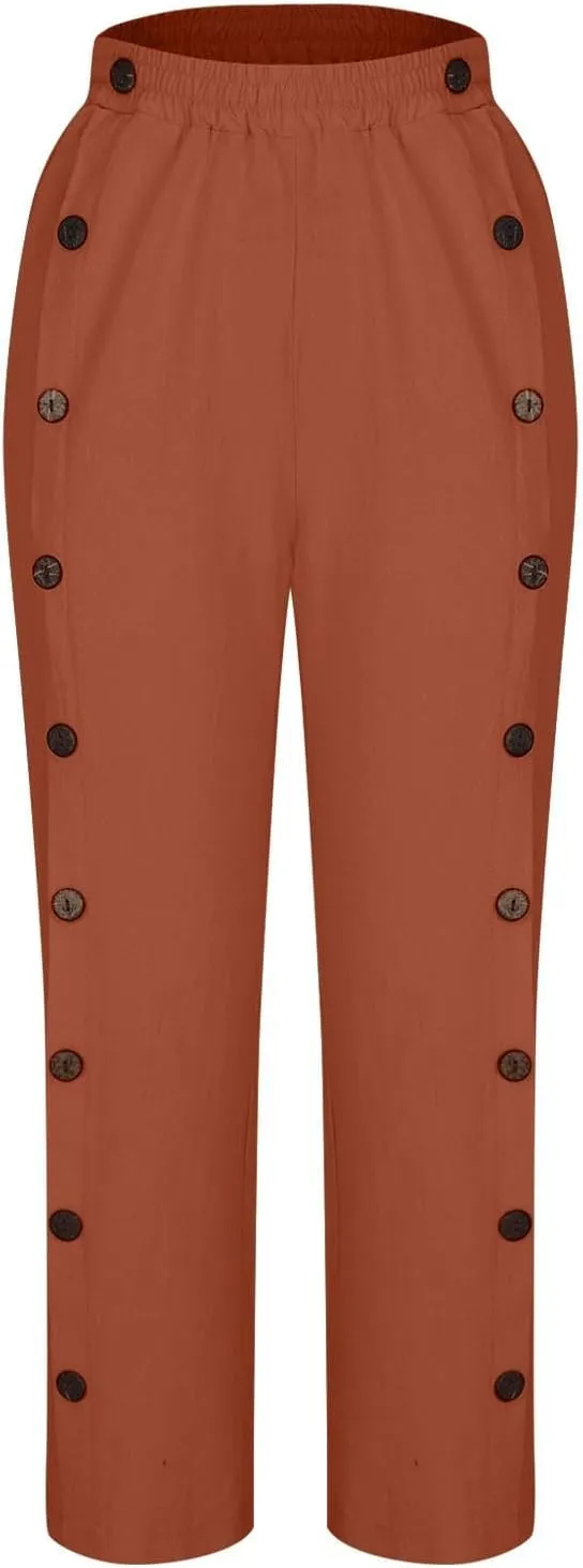 Womens Casual Straight Pants Loose Elastic Waist Capris Pant Summer Buttons Print Slacks Joggers Trousers with Pockets
