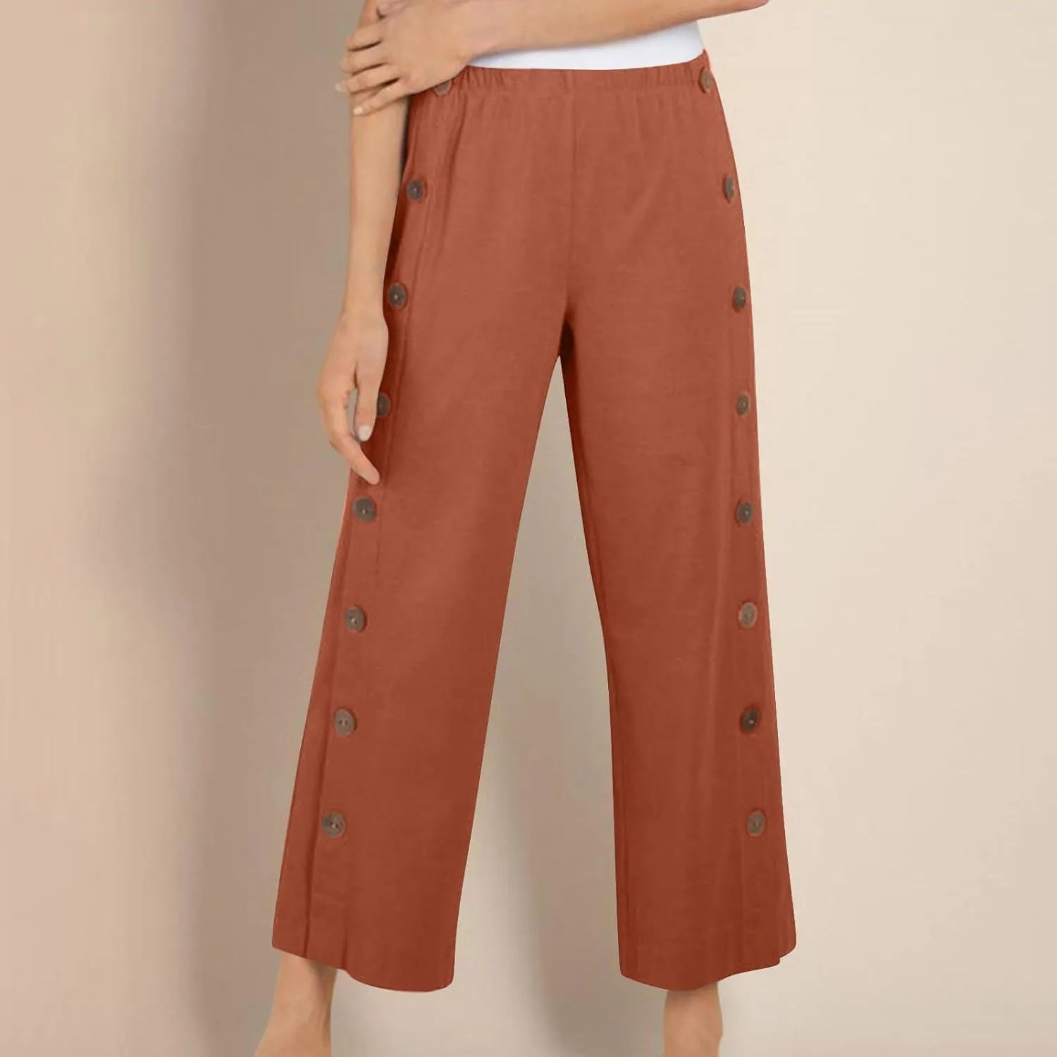 Womens Casual Straight Pants Loose Elastic Waist Capris Pant Summer Buttons Print Slacks Joggers Trousers with Pockets