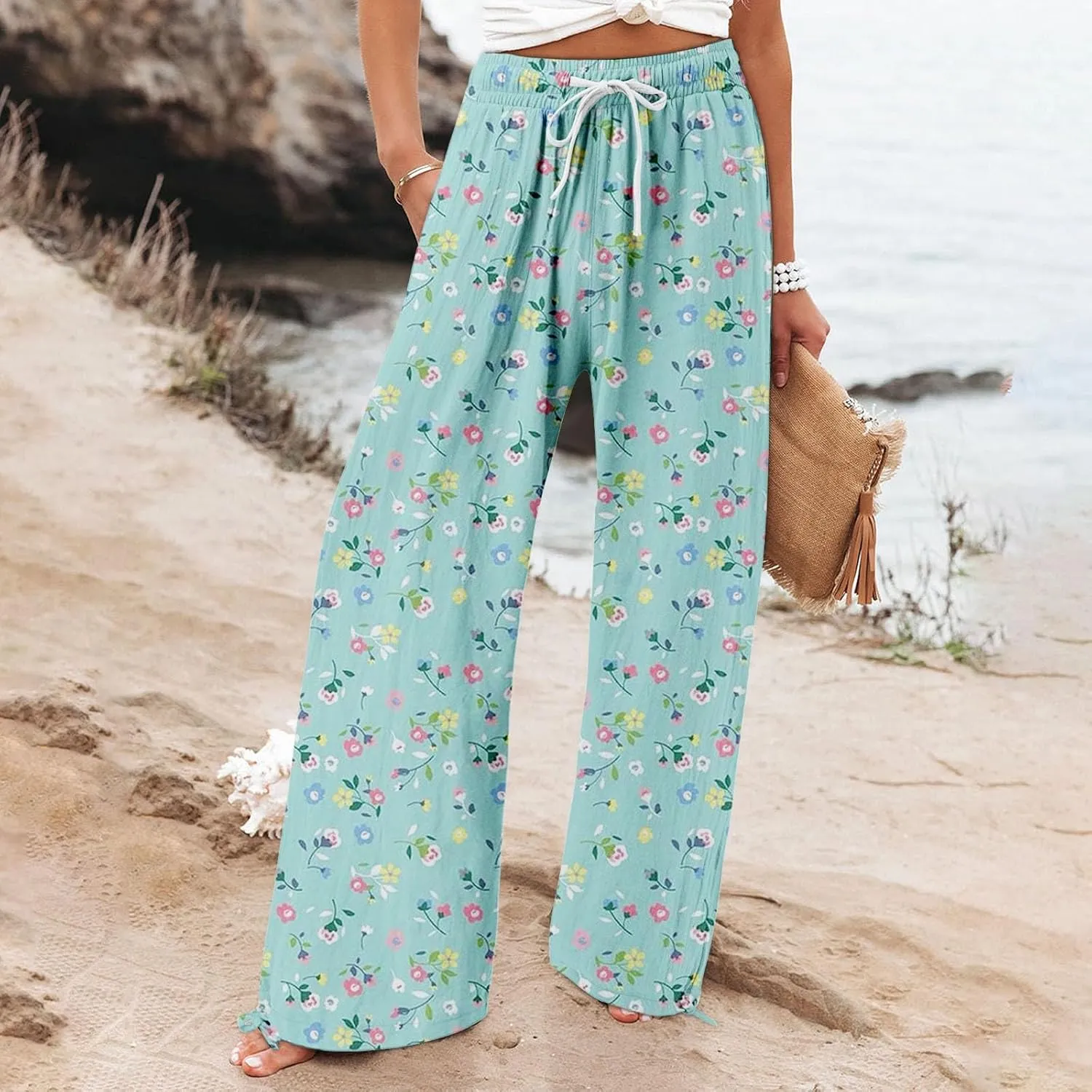 Womens Casual Wide Leg Pants Womens Cotton Casual Loose Pants Comfy Work Pants with Trousers with Pocket for Women