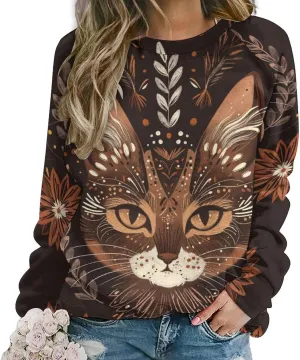 Womens Cat Sweatshirts Cute Graphic Printed Long Sleeve Crewneck Pullover Shirts Cat Lovers Tunic Tops for Girls