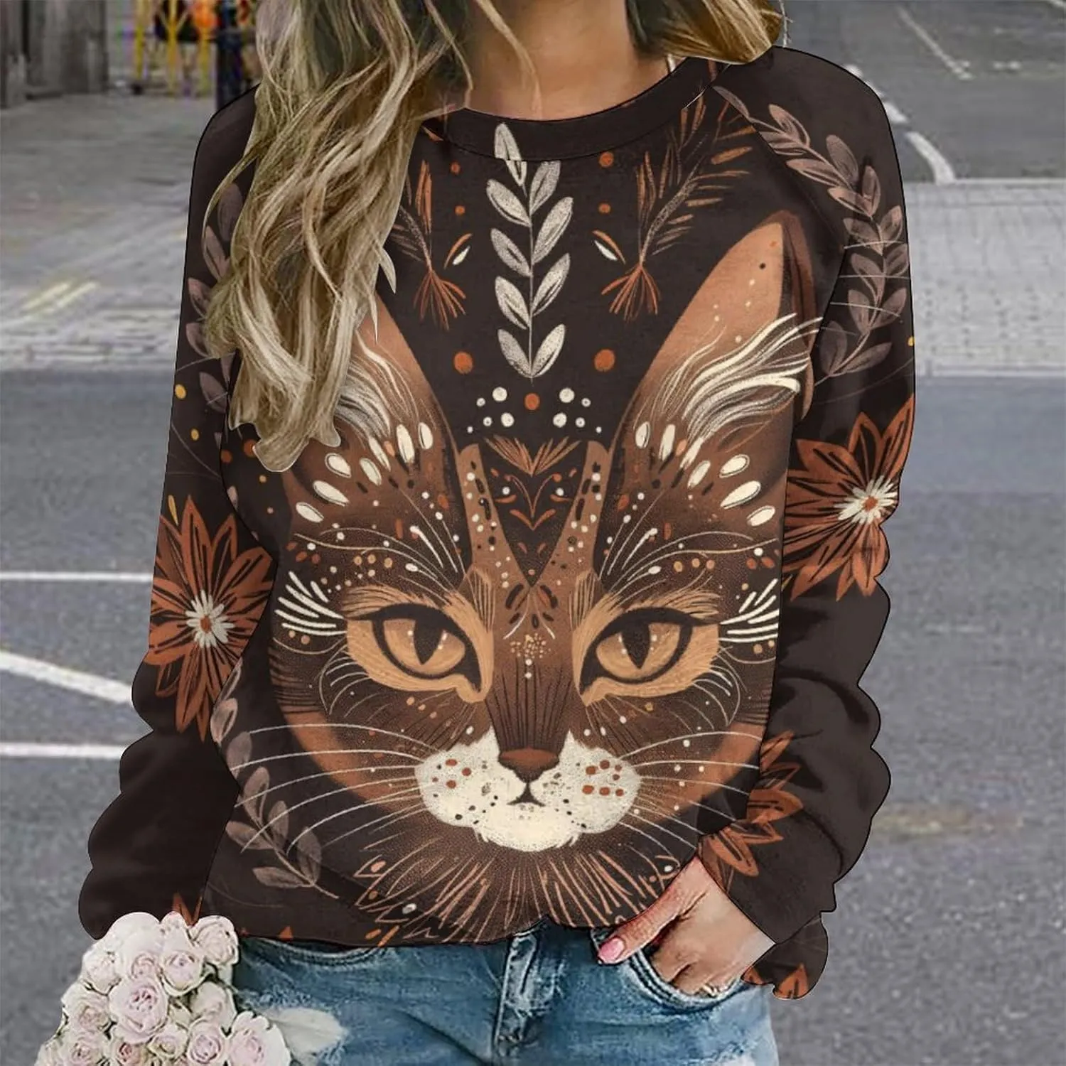 Womens Cat Sweatshirts Cute Graphic Printed Long Sleeve Crewneck Pullover Shirts Cat Lovers Tunic Tops for Girls