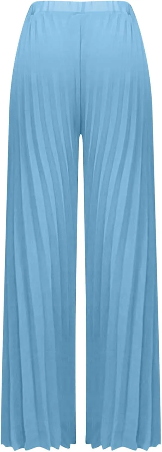 Women's Chiffon Wide Leg Pants High Elastic Waist Cropped Pants Fashion Casual Pleated Ruffle Hem Flowy Trousers