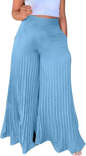 Women's Chiffon Wide Leg Pants High Elastic Waist Cropped Pants Fashion Casual Pleated Ruffle Hem Flowy Trousers