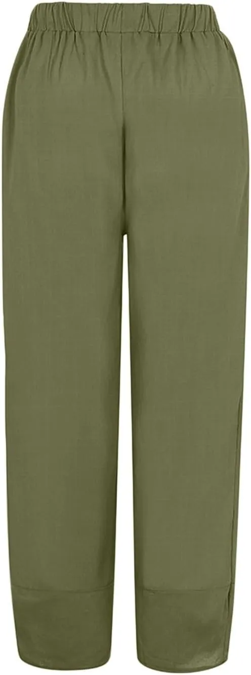 Womens Cotton Linen Casual Summer Capri Pants Printed Cropped Comfy Baggy Trousers with Pockets Palazzo Lounge Pants