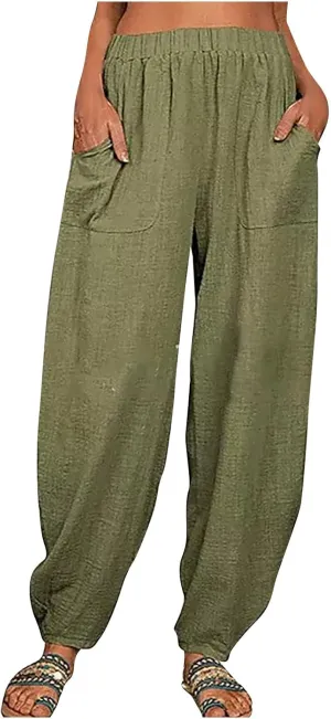 Women's Cotton Linen Harem Pants Casual Loose Fit High Waisted Pants Trousers Summer Outfits 2025 Trendy with Pockets