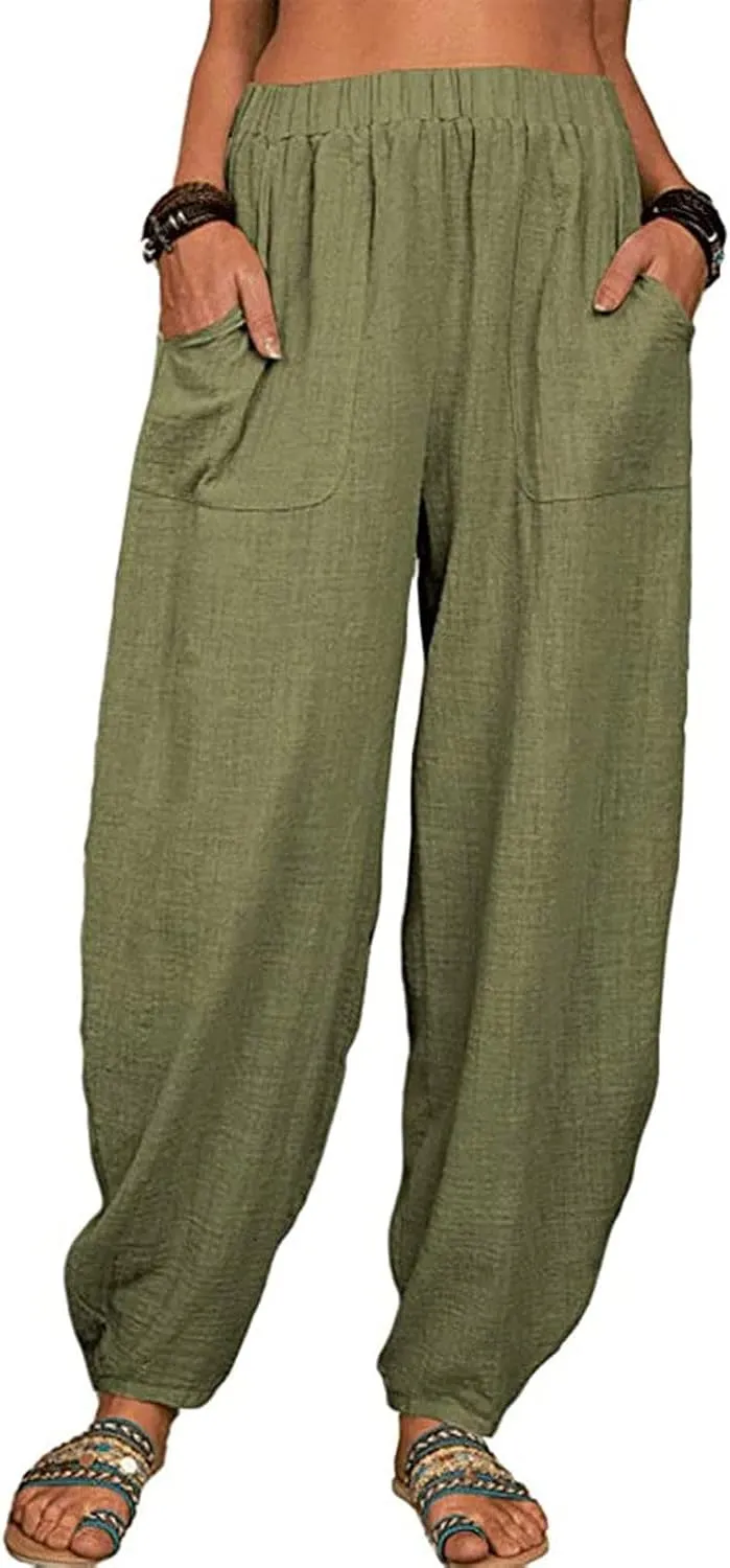 Women's Cotton Linen Harem Pants Casual Loose Fit High Waisted Pants Trousers Summer Outfits 2025 Trendy with Pockets
