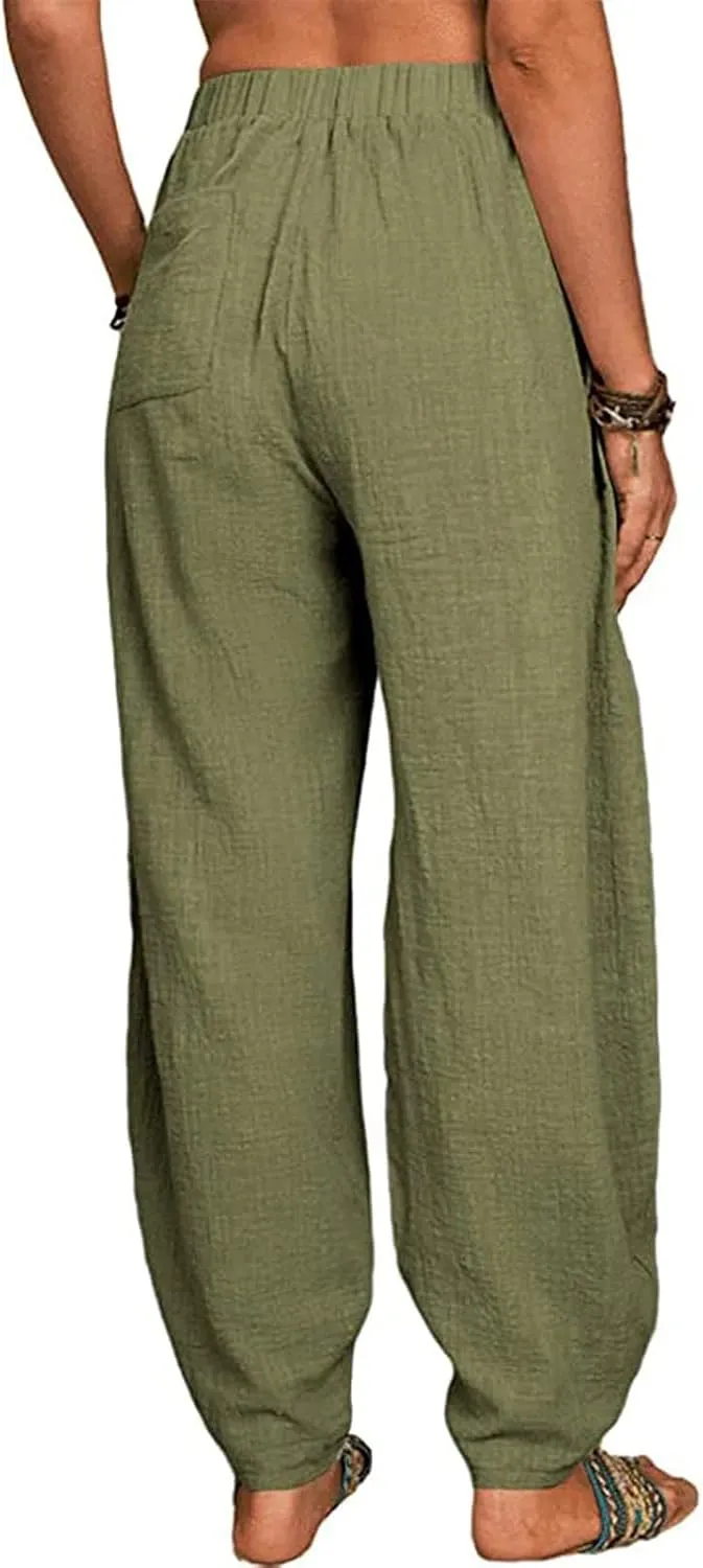 Women's Cotton Linen Harem Pants Casual Loose Fit High Waisted Pants Trousers Summer Outfits 2025 Trendy with Pockets