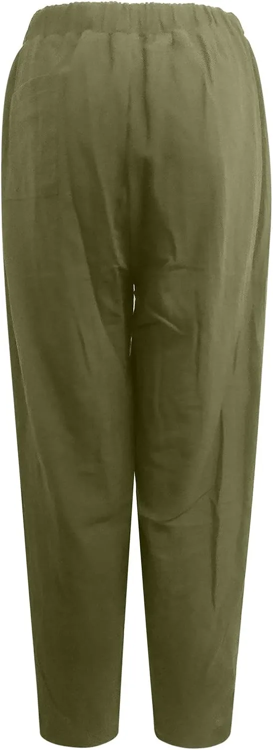 Women's Cotton Linen Harem Pants Casual Loose Fit High Waisted Pants Trousers Summer Outfits 2025 Trendy with Pockets