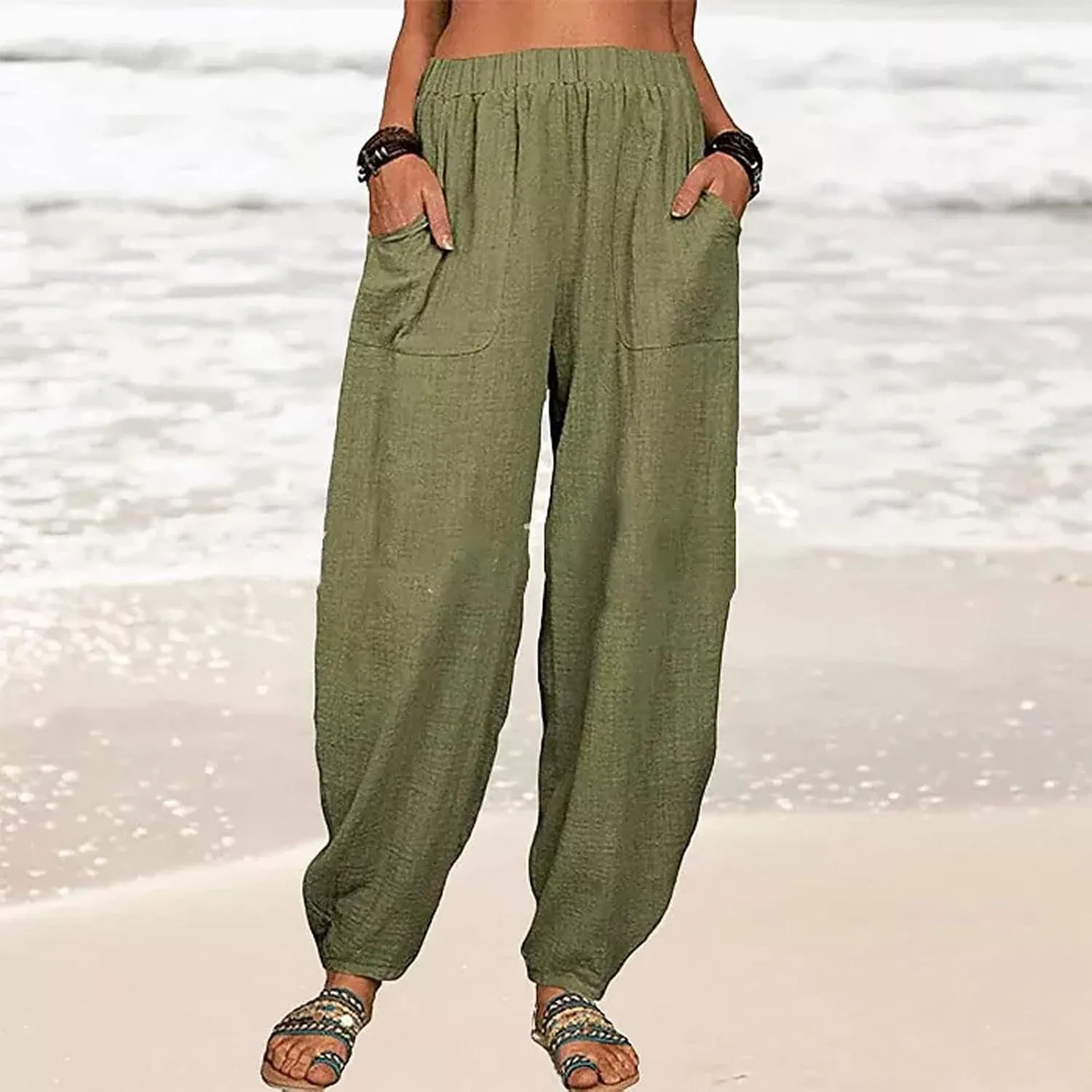 Women's Cotton Linen Harem Pants Casual Loose Fit High Waisted Pants Trousers Summer Outfits 2025 Trendy with Pockets