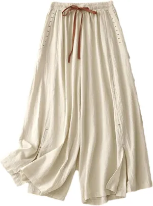 Women's Cotton Linen High-Waisted Wide-Leg Pants  Loose Fit Straight-Leg Drawstring Waist Casual Summer Trousers