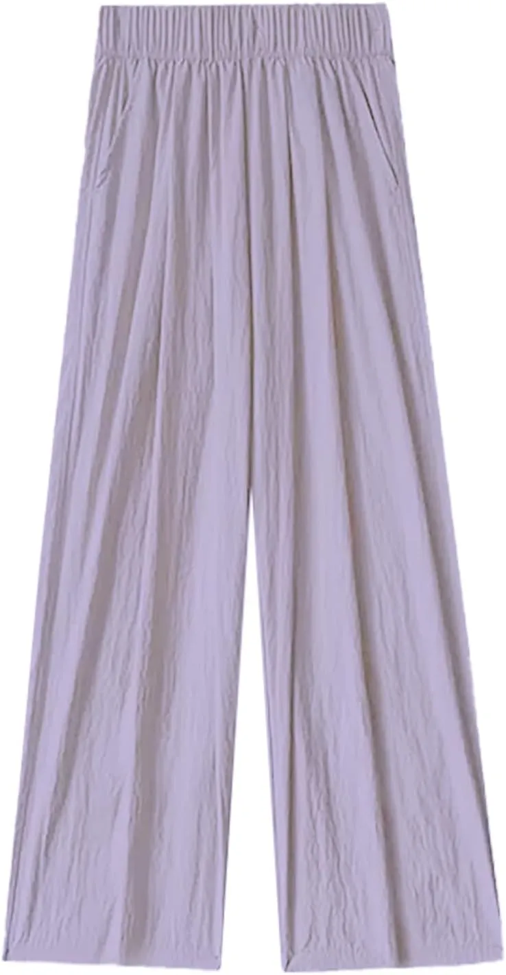Womens Cotton Linen Palazzo Pants Elastic Waist Casual Wide Leg Trousers High Waist Wide Leg Straight