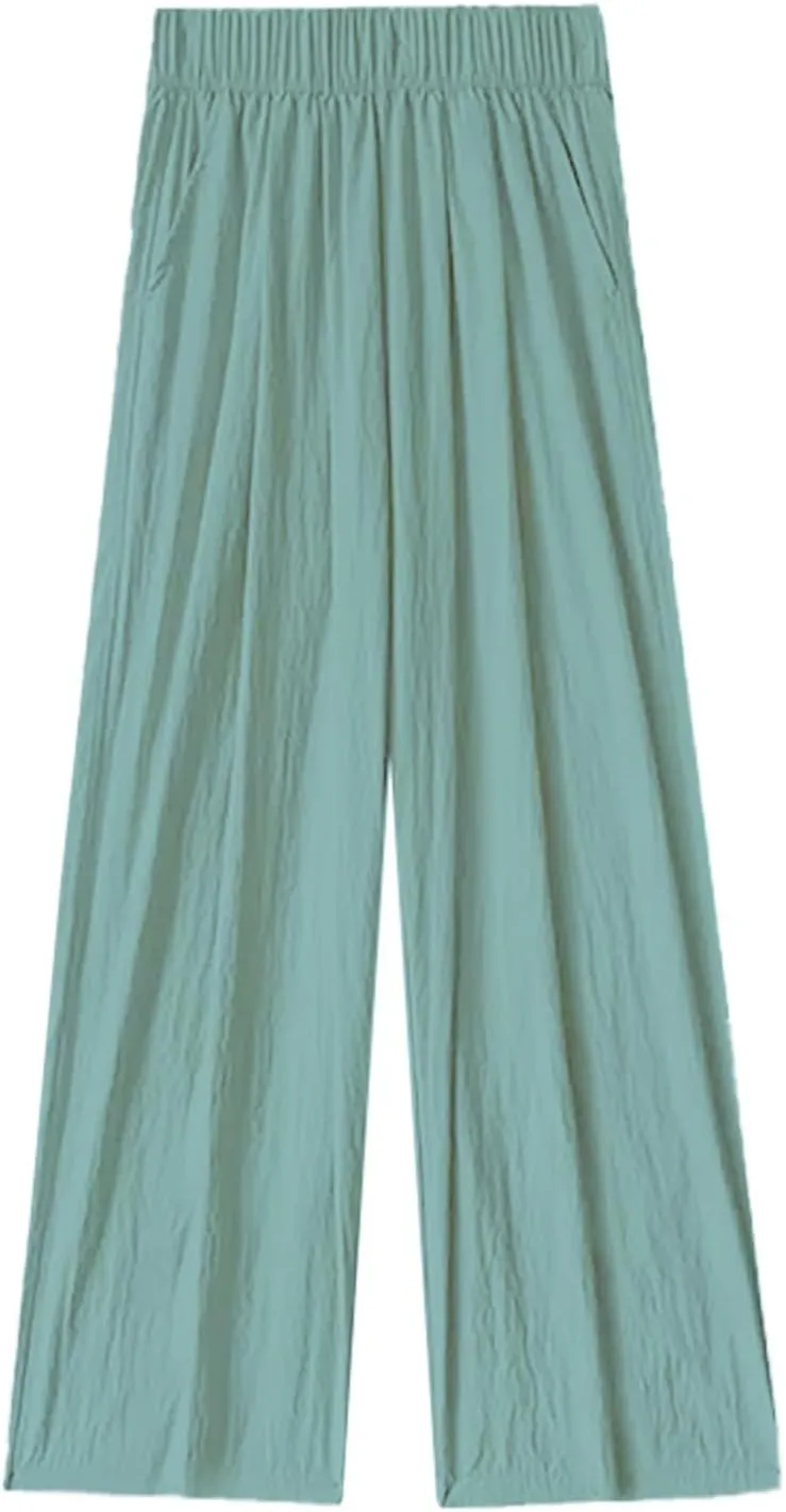 Womens Cotton Linen Palazzo Pants Elastic Waist Casual Wide Leg Trousers High Waist Wide Leg Straight