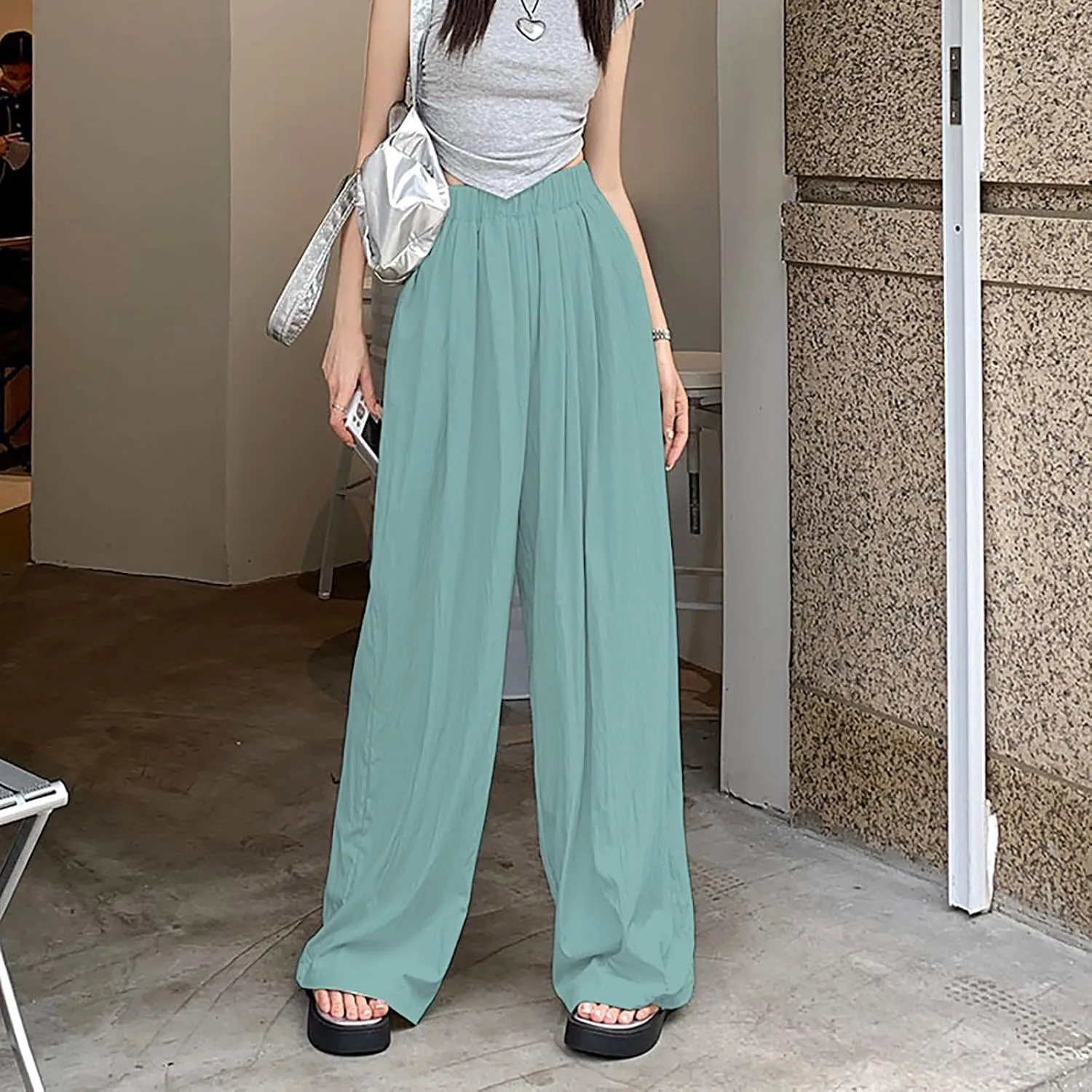 Womens Cotton Linen Palazzo Pants Elastic Waist Casual Wide Leg Trousers High Waist Wide Leg Straight