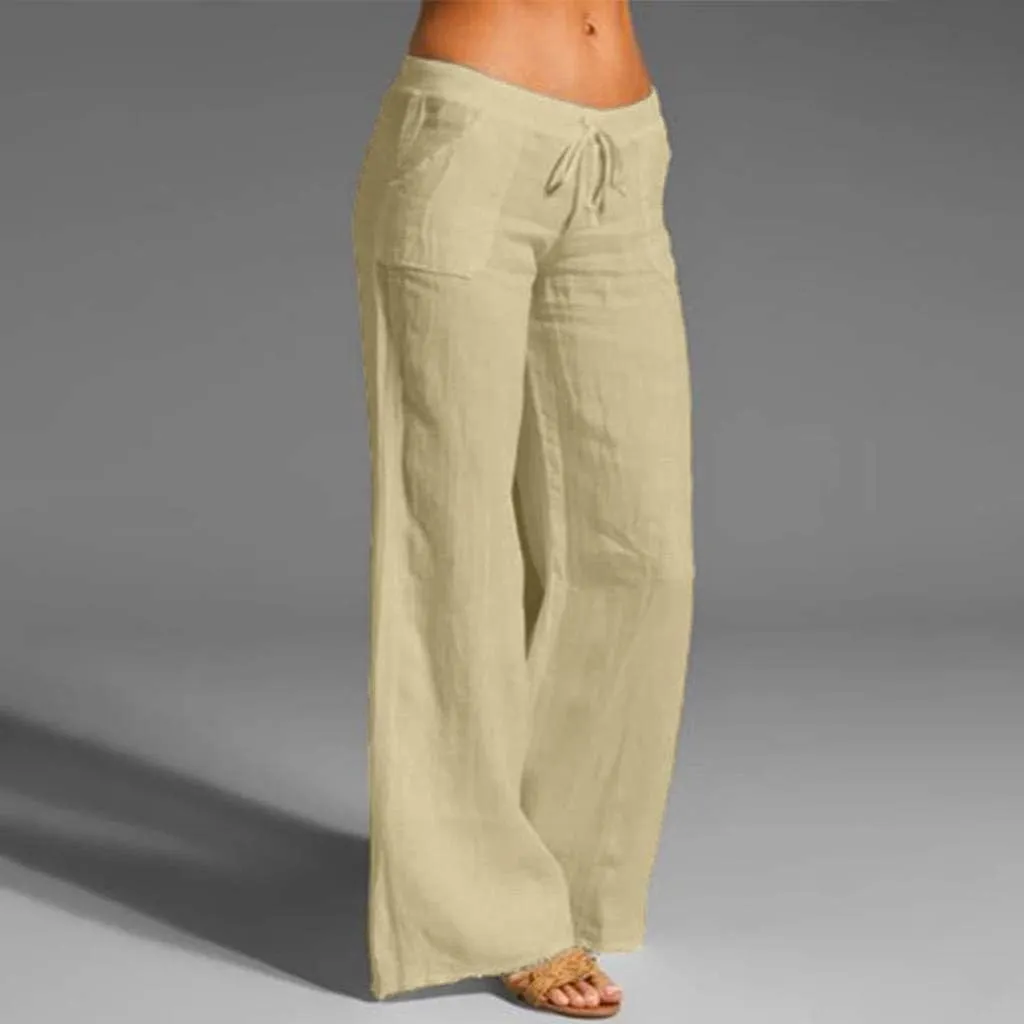 Womens Cotton Linen Palazzo Pants Summer Lightweight Drawstring Elastic Waist Casual Wide Leg Trousers with Pockets