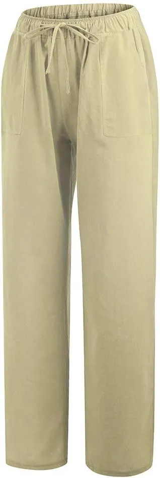 Womens Cotton Linen Palazzo Pants Summer Lightweight Drawstring Elastic Waist Casual Wide Leg Trousers with Pockets