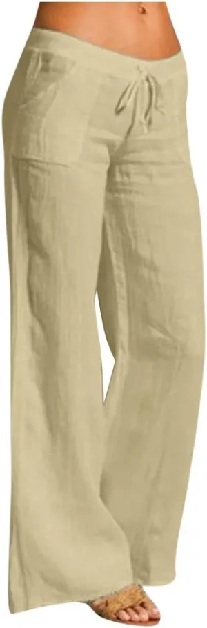 Womens Cotton Linen Palazzo Pants Summer Lightweight Drawstring Elastic Waist Casual Wide Leg Trousers with Pockets