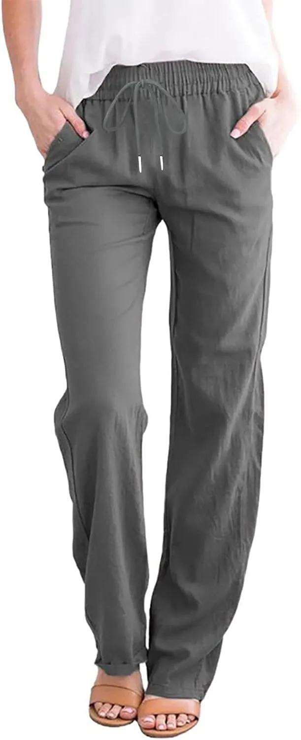 Womens Cotton Linen Pants 2025 Casual Elastic High Waisted Straight Leg Lounge Pant Summer Long Trousers with Pockets