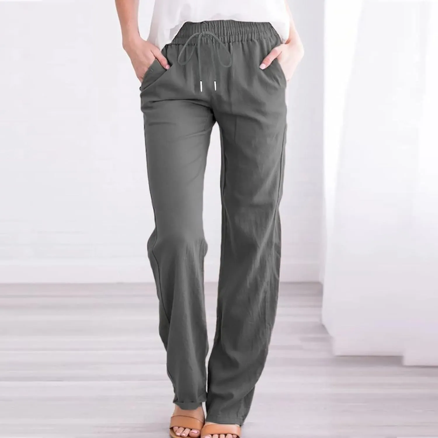 Womens Cotton Linen Pants 2025 Casual Elastic High Waisted Straight Leg Lounge Pant Summer Long Trousers with Pockets
