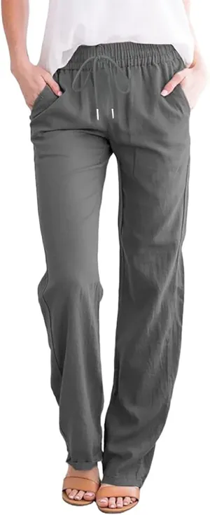 Womens Cotton Linen Pants 2025 Casual Elastic High Waisted Straight Leg Lounge Pant Summer Long Trousers with Pockets