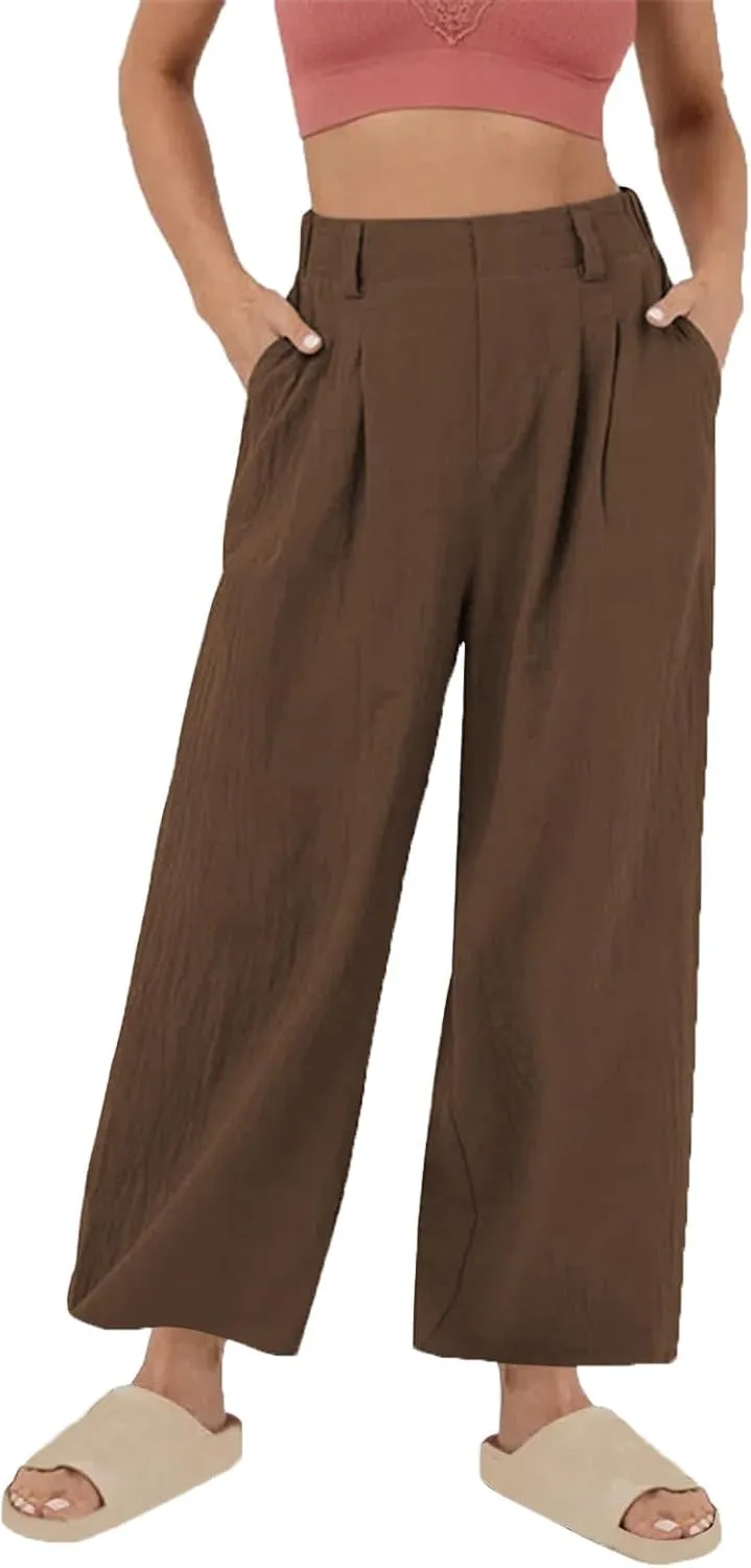 Womens Cotton Linen Pants 2025 Summer Casual Wide Leg Pants Loose Fit Elastic Waist Lounge Trousers with Pockets