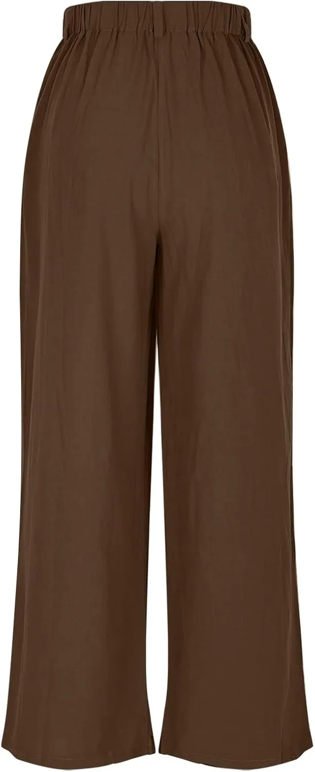 Womens Cotton Linen Pants 2025 Summer Casual Wide Leg Pants Loose Fit Elastic Waist Lounge Trousers with Pockets