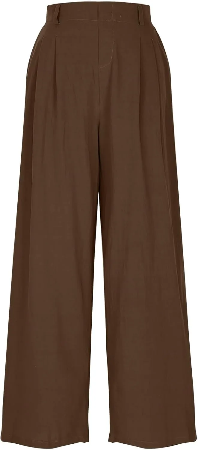 Womens Cotton Linen Pants 2025 Summer Casual Wide Leg Pants Loose Fit Elastic Waist Lounge Trousers with Pockets