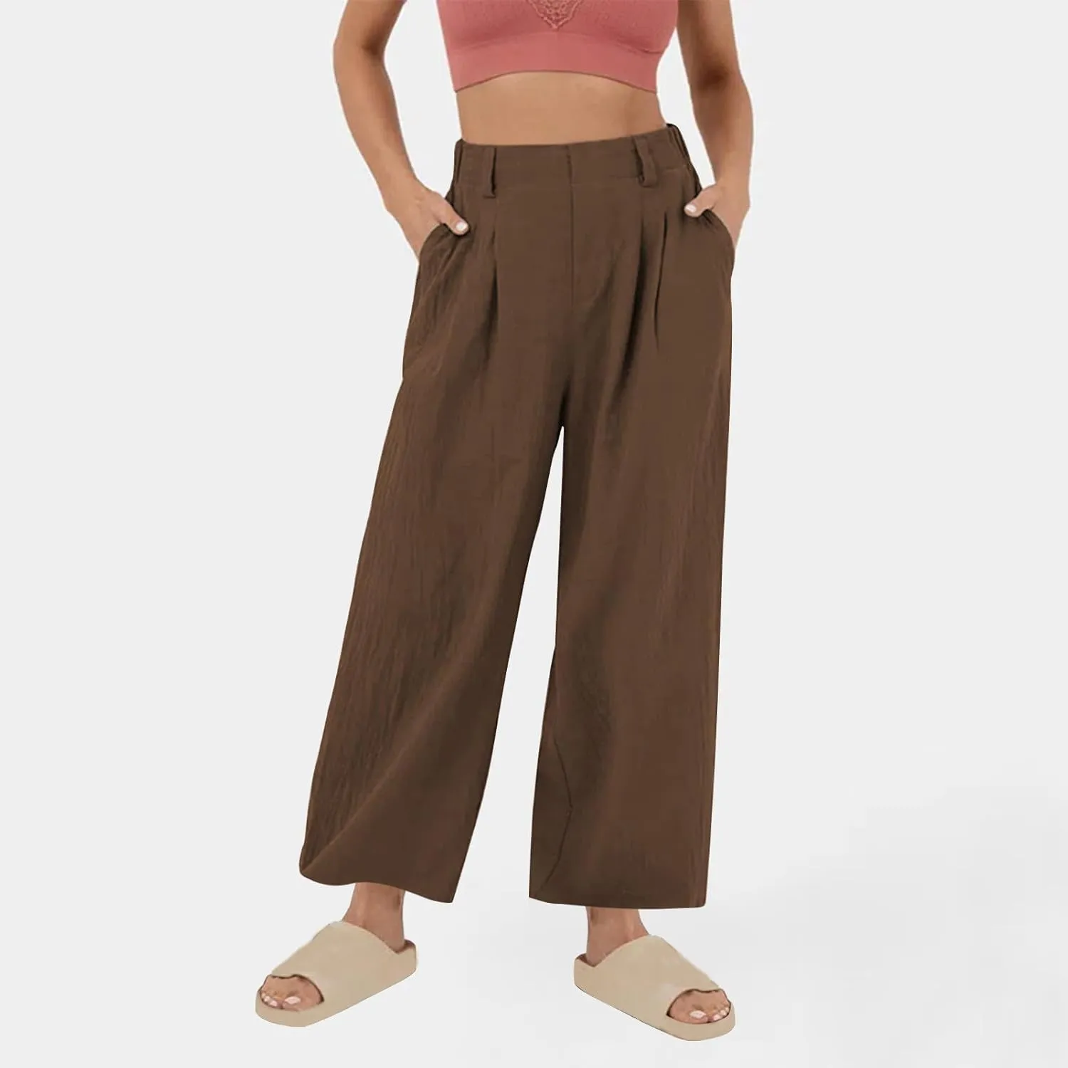 Womens Cotton Linen Pants 2025 Summer Casual Wide Leg Pants Loose Fit Elastic Waist Lounge Trousers with Pockets