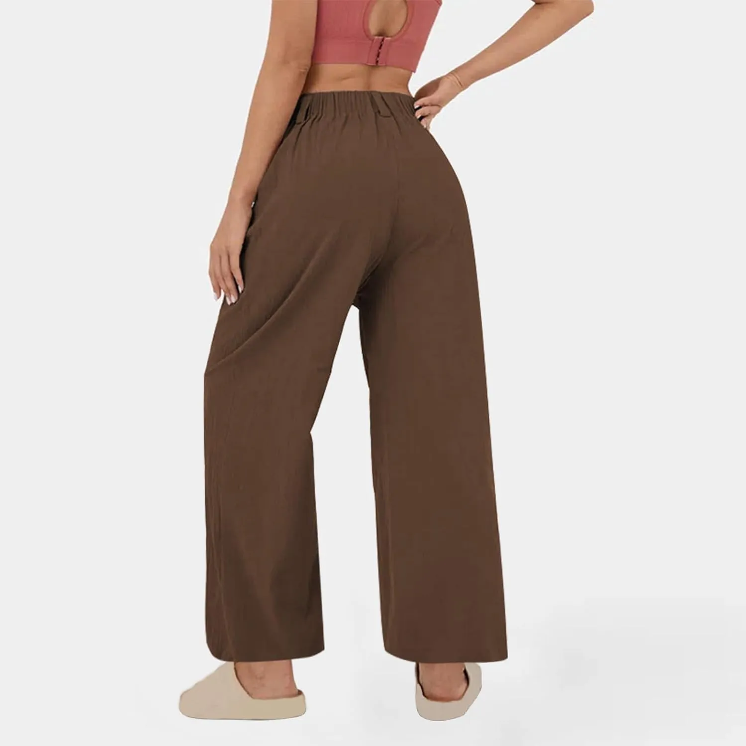 Womens Cotton Linen Pants 2025 Summer Casual Wide Leg Pants Loose Fit Elastic Waist Lounge Trousers with Pockets