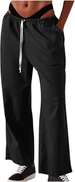Womens Cotton Linen Pants 2025 Summer Wide Leg Casual Loose Drawstring High Waist Pants Trousers with Pocket