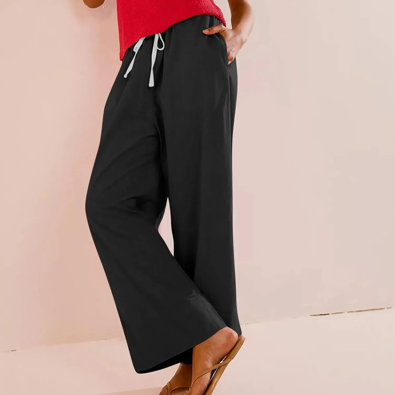 Womens Cotton Linen Pants 2025 Summer Wide Leg Casual Loose Drawstring High Waist Pants Trousers with Pocket