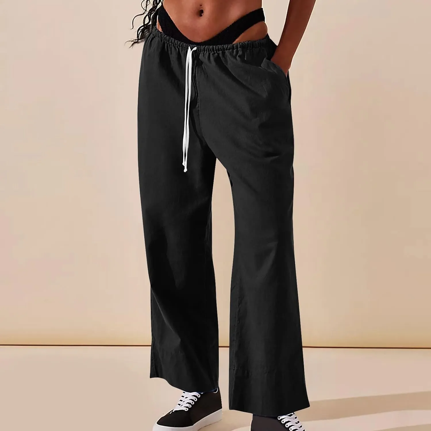 Womens Cotton Linen Pants 2025 Summer Wide Leg Casual Loose Drawstring High Waist Pants Trousers with Pocket