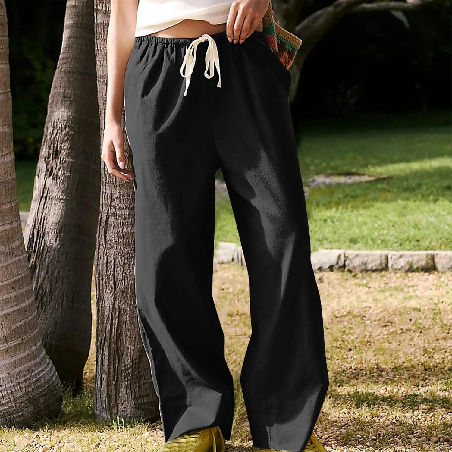 Womens Cotton Linen Pants 2025 Summer Wide Leg Casual Loose Drawstring High Waist Pants Trousers with Pocket