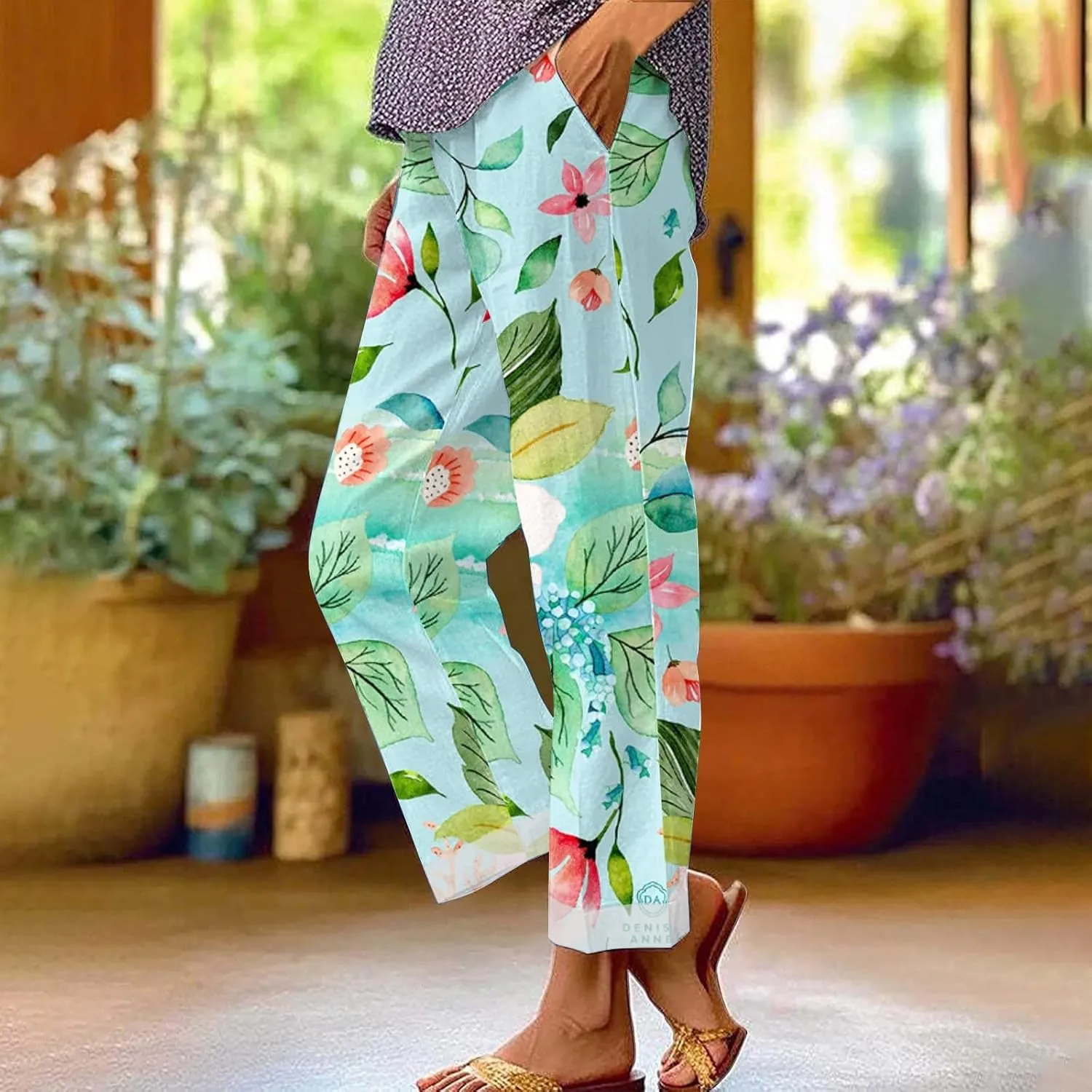 Womens Cotton Linen Pants 2025 Women'sPrinted Loose Pocket Casual Cotton and Linen Pants Vacation Beach Pants Flowy