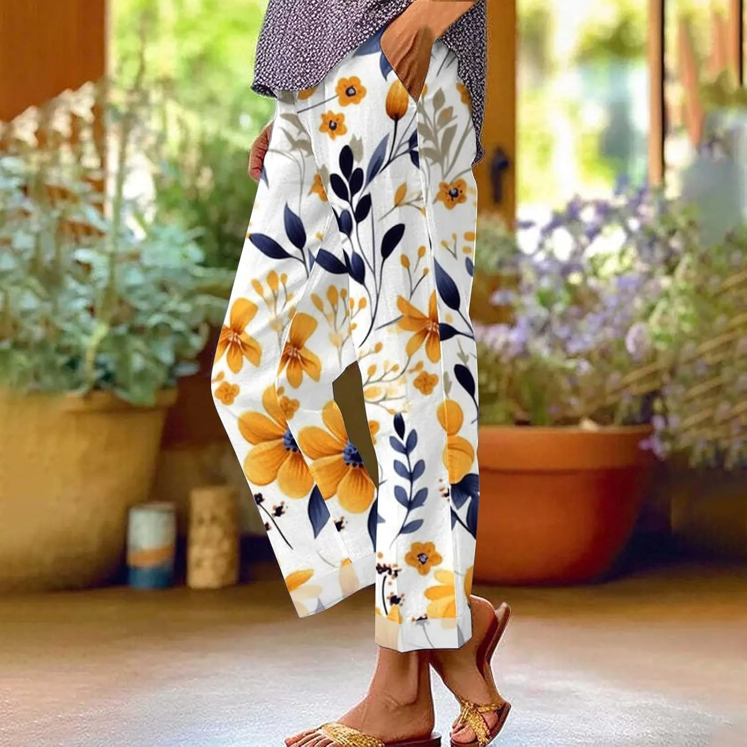 Womens Cotton Linen Pants 2025 Women'sPrinted Loose Pocket Casual Cotton and Linen Pants Vacation Beach Pants Flowy