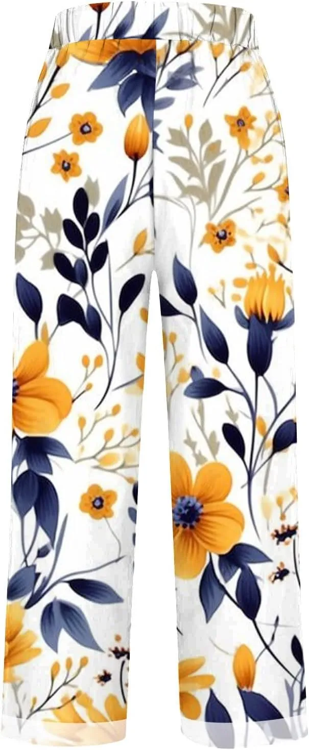 Womens Cotton Linen Pants 2025 Women'sPrinted Loose Pocket Casual Cotton and Linen Pants Vacation Beach Pants Flowy