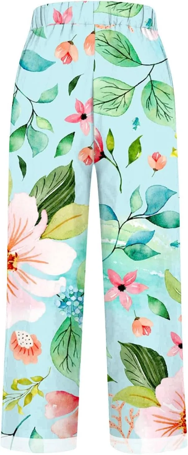 Womens Cotton Linen Pants 2025 Women'sPrinted Loose Pocket Casual Cotton and Linen Pants Vacation Beach Pants Flowy