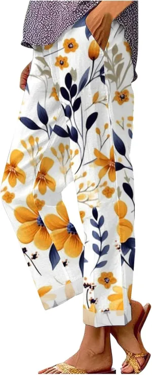 Womens Cotton Linen Pants 2025 Women'sPrinted Loose Pocket Casual Cotton and Linen Pants Vacation Beach Pants Flowy