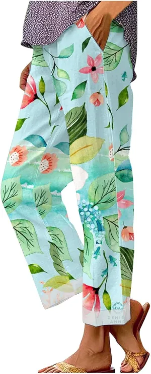 Womens Cotton Linen Pants 2025 Women'sPrinted Loose Pocket Casual Cotton and Linen Pants Vacation Beach Pants Flowy