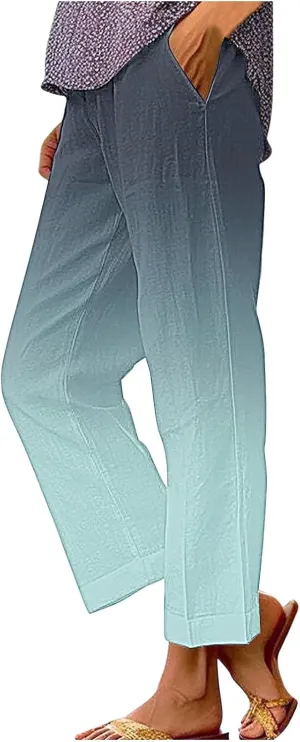 Women's Cotton Linen Pants Casual Boho Elastic Waisted Drawstring Straight Leg Summer Palazzo Beach Baggy Capri Pant