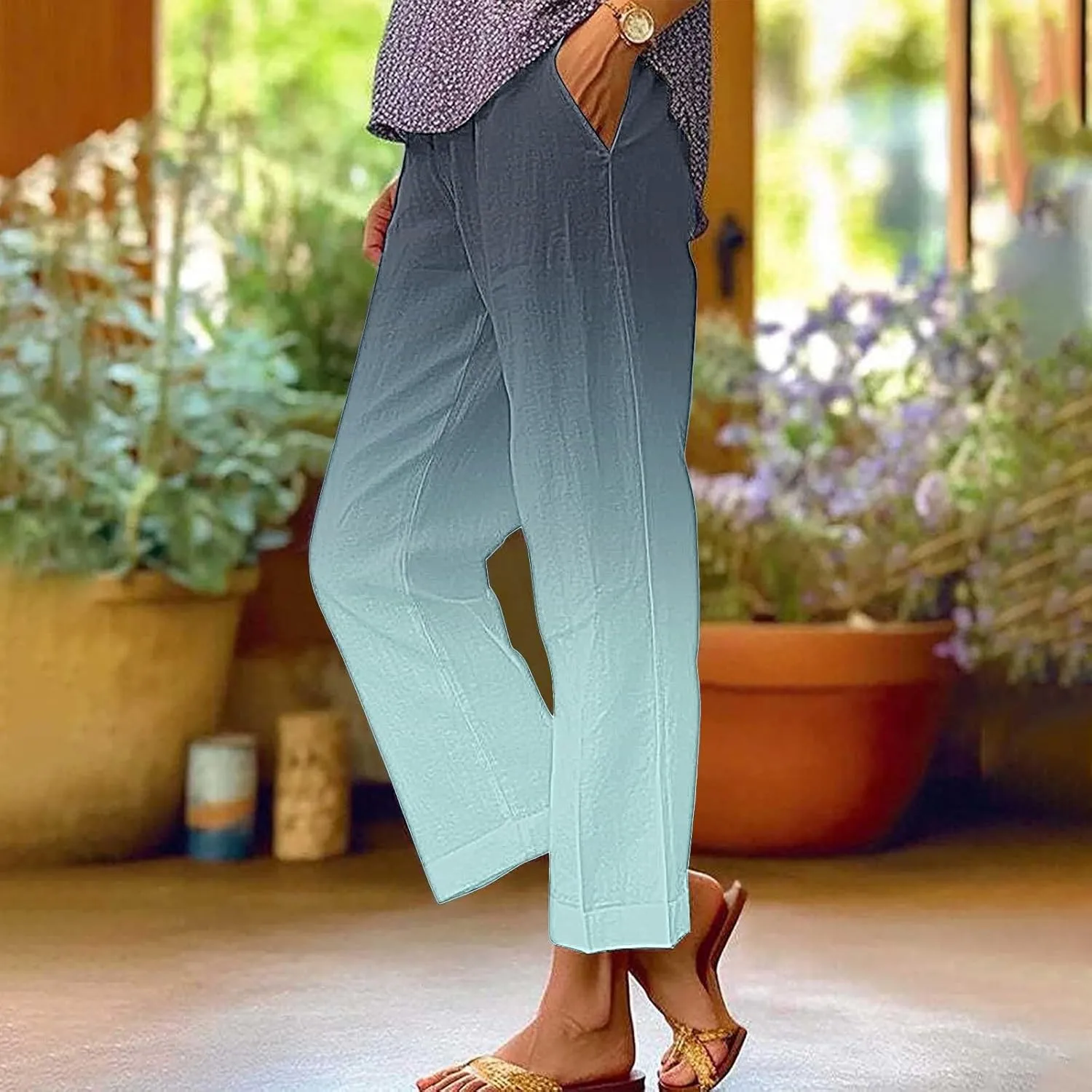 Women's Cotton Linen Pants Casual Boho Elastic Waisted Drawstring Straight Leg Summer Palazzo Beach Baggy Capri Pant