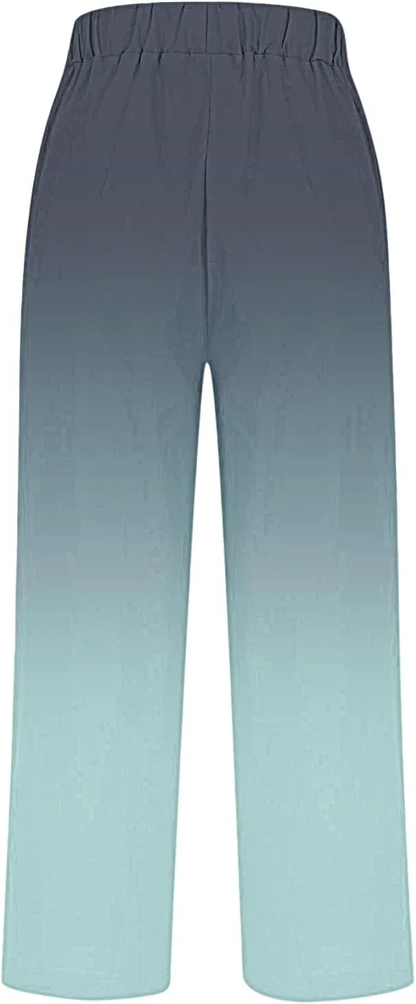 Women's Cotton Linen Pants Casual Boho Elastic Waisted Drawstring Straight Leg Summer Palazzo Beach Baggy Capri Pant