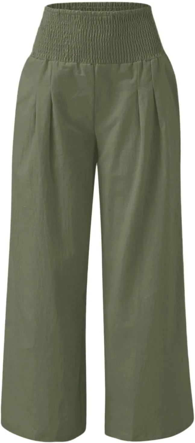 Women's Cotton Linen Pants Dressy Casual Elastic High Waist Drawstring Pants Wide Leg Lounge Yoga Trousers