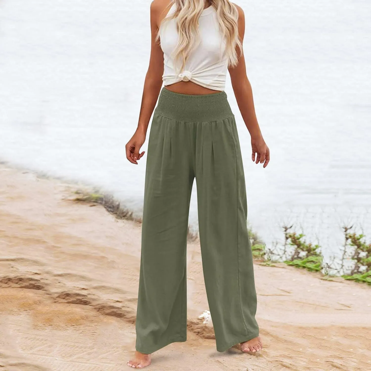 Women's Cotton Linen Pants Dressy Casual Elastic High Waist Drawstring Pants Wide Leg Lounge Yoga Trousers