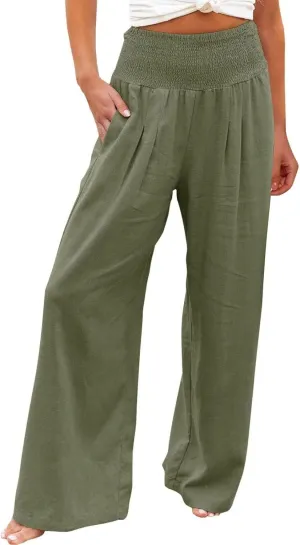 Women's Cotton Linen Pants Dressy Casual Elastic High Waist Drawstring Pants Wide Leg Lounge Yoga Trousers