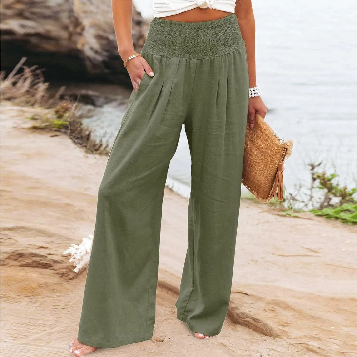 Women's Cotton Linen Pants Dressy Casual Elastic High Waist Drawstring Pants Wide Leg Lounge Yoga Trousers