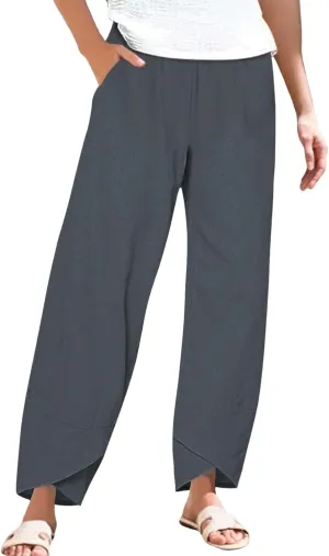 Women's Cotton Linen Pants Summer 2025 Casual Capri Pants with Pockets Cropped High Waisted Comfy Baggy Trousers