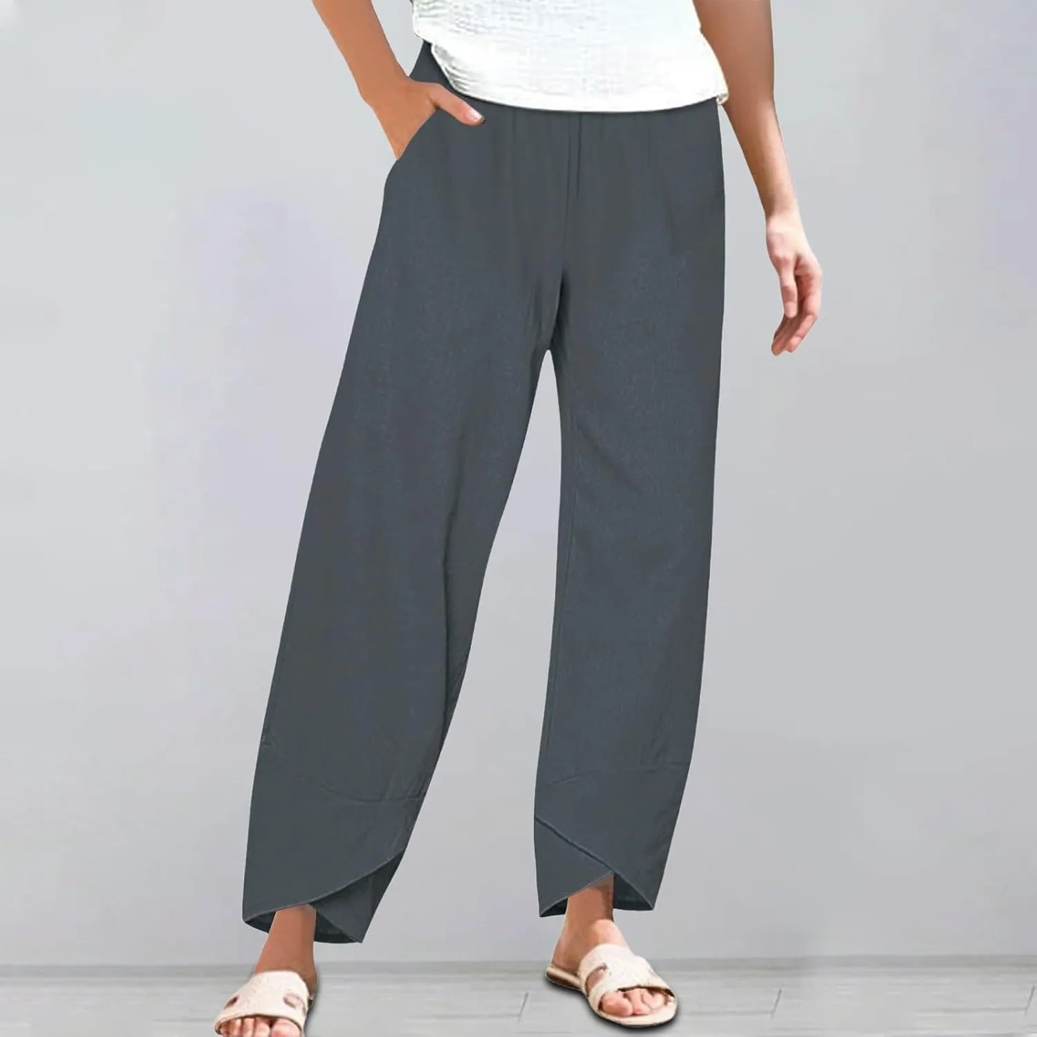 Women's Cotton Linen Pants Summer 2025 Casual Capri Pants with Pockets Cropped High Waisted Comfy Baggy Trousers