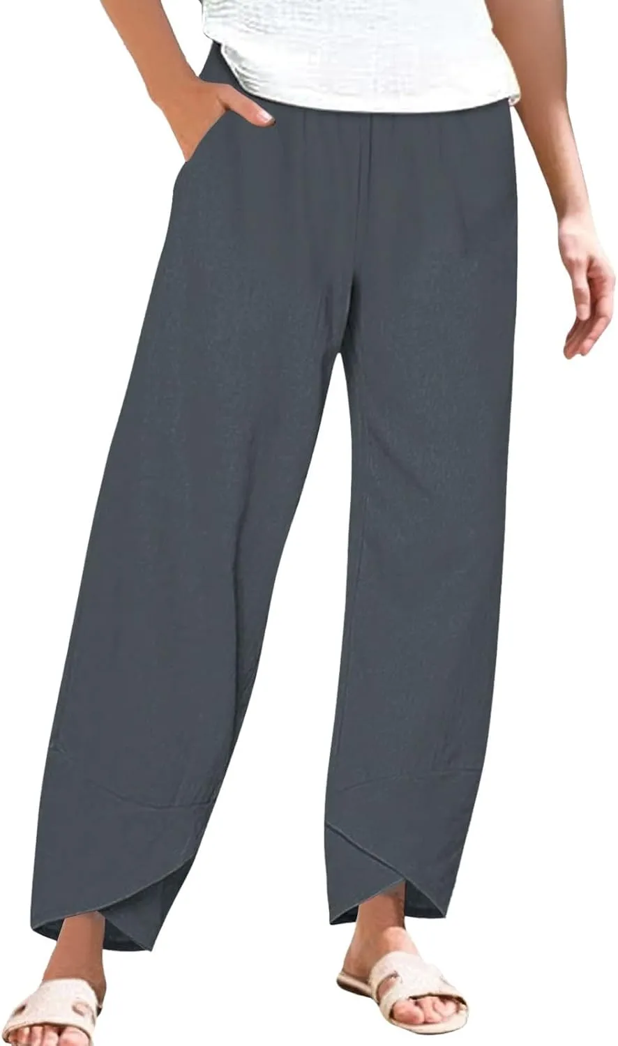 Women's Cotton Linen Pants Summer 2025 Casual Capri Pants with Pockets Cropped High Waisted Comfy Baggy Trousers
