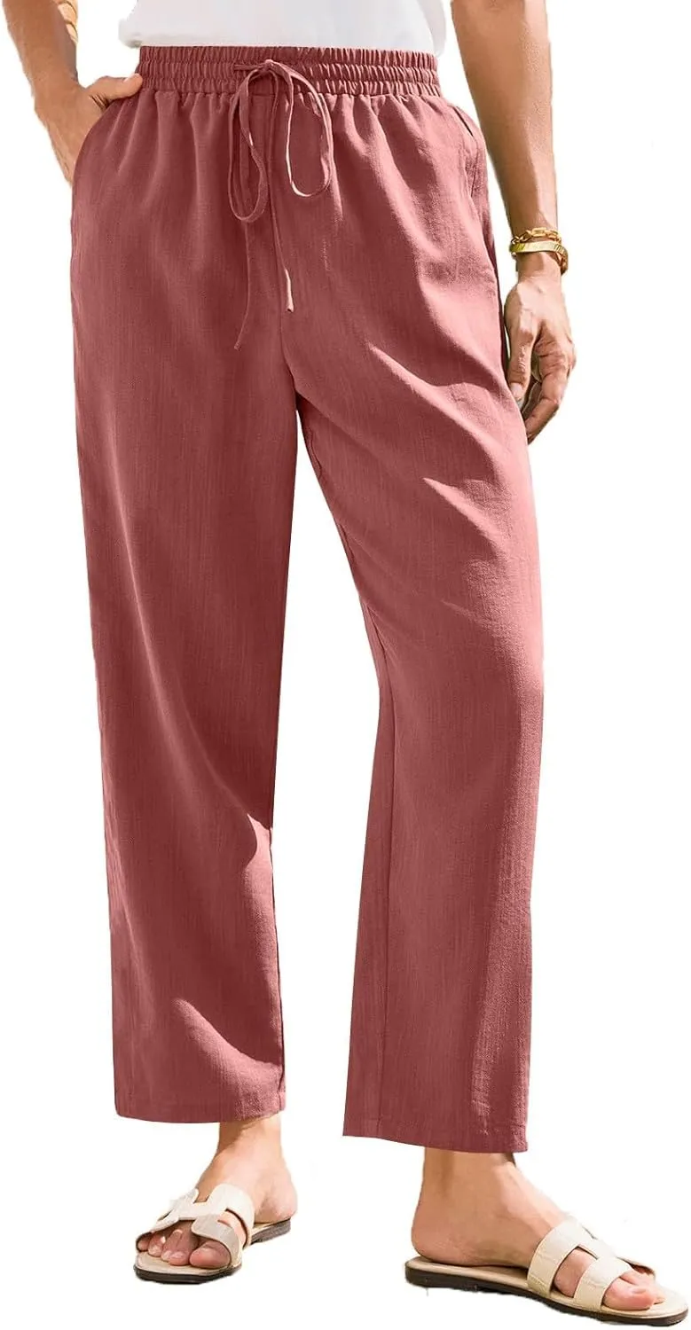 Womens Cotton Linen Pants with Pockets Straight Leg Drawstring Elastic Waisted Lounge Summer Pants Beach Trousers